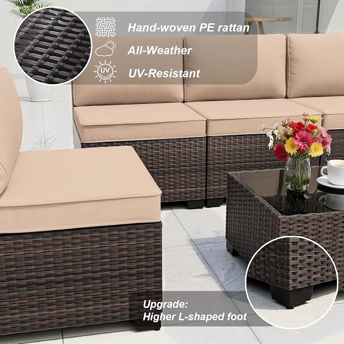 ALAULM Patio Furniture Set with 2 Swivel Chairs, Outdoor Sectional with 55000 BTU Fire Pit Table and Wide Seat, 11 Pieces Wicker Rattan Conversation Set with Coffee Table for Garden, Deck, Sand