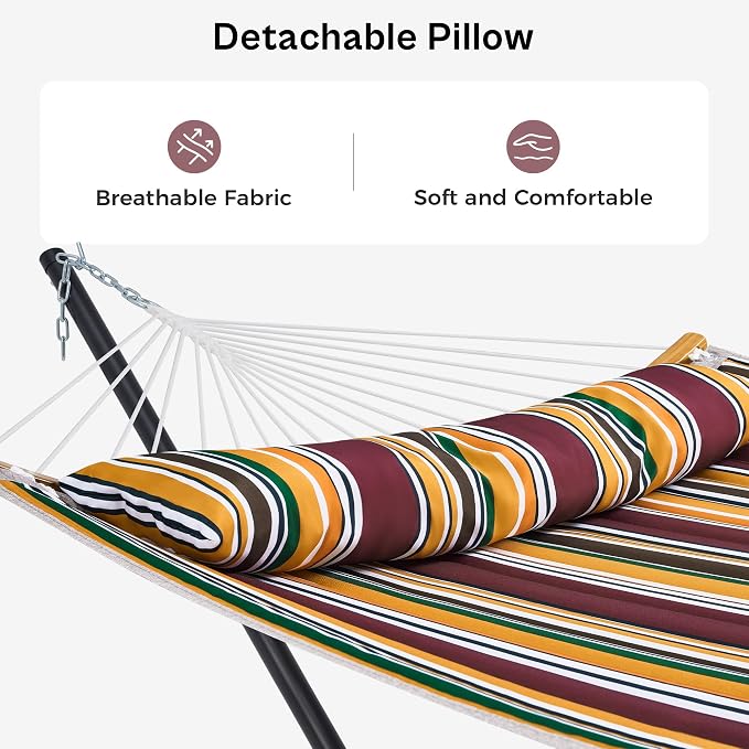 SUPERJARE Hammock with Stand, 2 Person Heavy Duty Hammock Frame, Detachable Pillow & Strong Curved-Bar & Portable Carrying Bag, Perfect for Outdoor & Indoor - Maple-Leaf Red