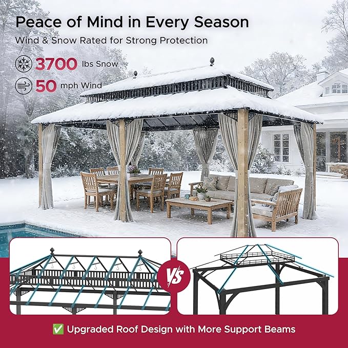 SUNJOY Kingston 20' x 12' Hardtop Wood Gazebo with Galvanized Steel Double Roof, Curtain and Netting, Cedar Posts Permanent Pavilion Gazebo for Garden, Patio, Deck, Lawn