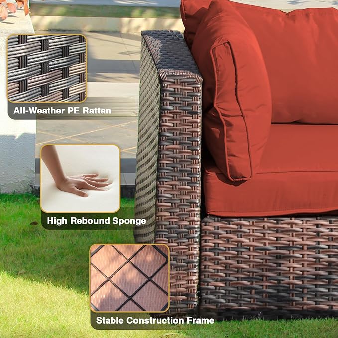 14 Piece Patio Furniture Set with Fire Pit Table, Outdoor Sectional Sofa PE Rattan, Patio Conversation Sets with Cushions for Garden Lawn Balcony Porch Deck Red