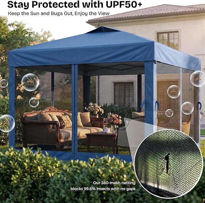 10x10 Pop Up Canopy Tent with Netting,Outdoor Portable Instant Folding Gazebo with 4 Ropes,4 Sandbags and Wheeled Storage Bag,3 Height Positions,Canopy for Patio,Yard,Camping (Blue)