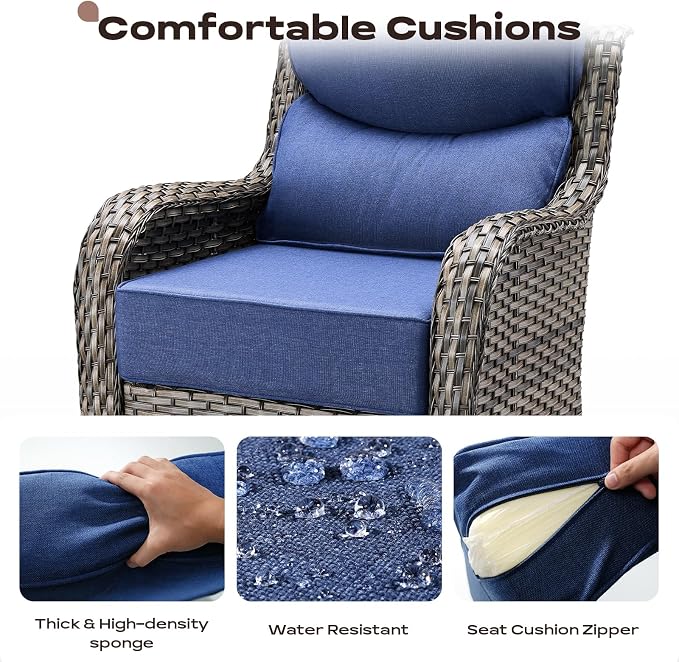 Rilyson Outdoor Swivel Rocker Chairs - All Weather Resistant Wicker Patio Furniture Set of 4 with High Back and 6 inch Thick Cushions for Deck Porch Yard and Poolside, Mixed Grey/Blue