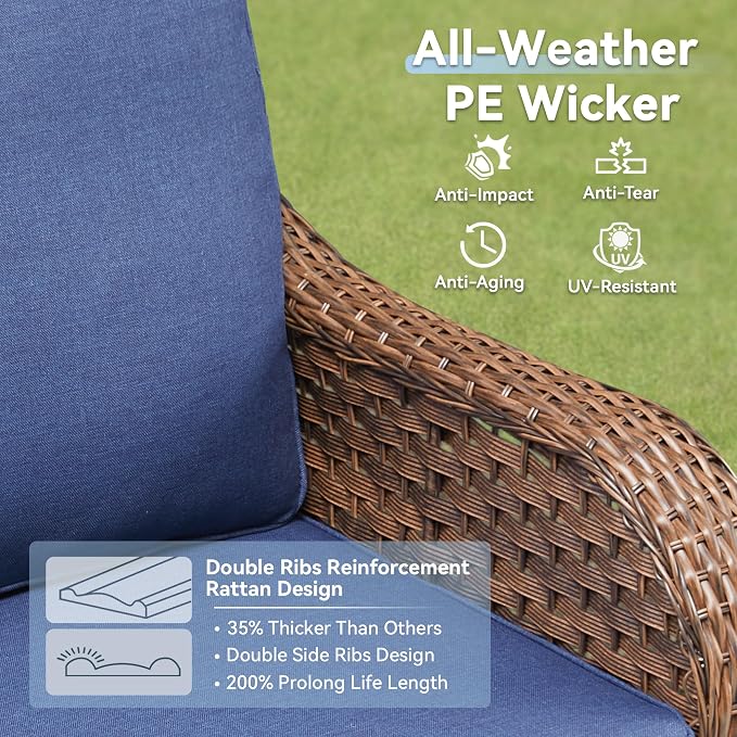 3 PCS Patio Furniture Set, Outdoor Wicker Loveseat with 2 Ottomans, 4-Inch Thick Olefin Cushions & Curved Armrests, 300 lbs Capacity Rattan Sofa Set for Porch, Balcony, Backyard, Blue
