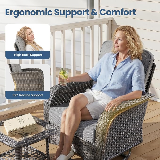 7 Piece Wicker Patio Furniture Set with Swivel Chairs, Dark Gray | High Back Swivel Rocker Chairs, Outdoor Loveseat Sofa, Coffee Table, Rattan Conversation Set, Porch Deck Backyard Poolside
