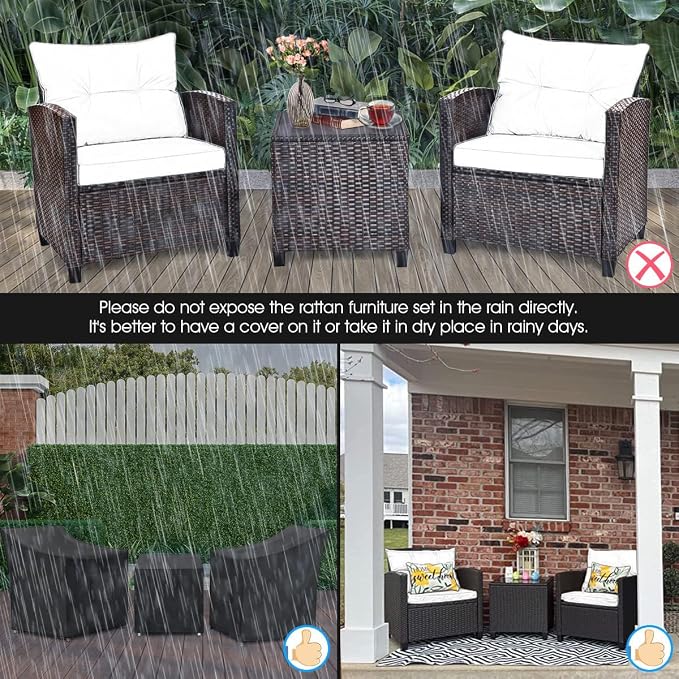 DORTALA Wicker Patio Furniture Set 3 Piece, Outdoor Table and Chairs with Tempered Glass Tabletop, Cushions, Small Rattan Conversation Sofa Set for Balcony, Porch, Backyard, Deck, Red