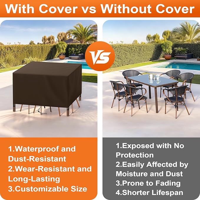 Patio Furniture Cover Rectangle 60"(L) x 36"(W) x 30"(H), Custom Heavy Duty 420D Waterproof Outdoor Cover with Drawstring & Buckles for Table Chair Garden, Coffee