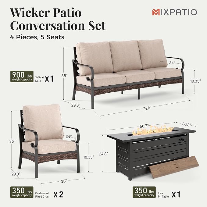 MIXPATIO Patio Furniture Set with Fire Pit Table, 4 PCS Metal Outdoor Conversation Set with 5.75'' Extra Thick Cushion, 2 Chairs, 3-Seat Sofa and Gas Fire Pit Table, Beige