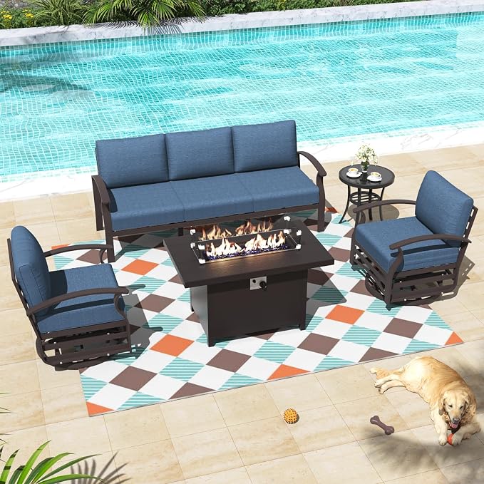 ALAULM Aluminum Patio Furniture Set with Propane Fire Pit Table 5-seat Metal Outdoor Furniture w/Fire Pit Patio Sectional Sofas w/5.1" Cushions for Patio, Backyard, Poolside-Dark Blue