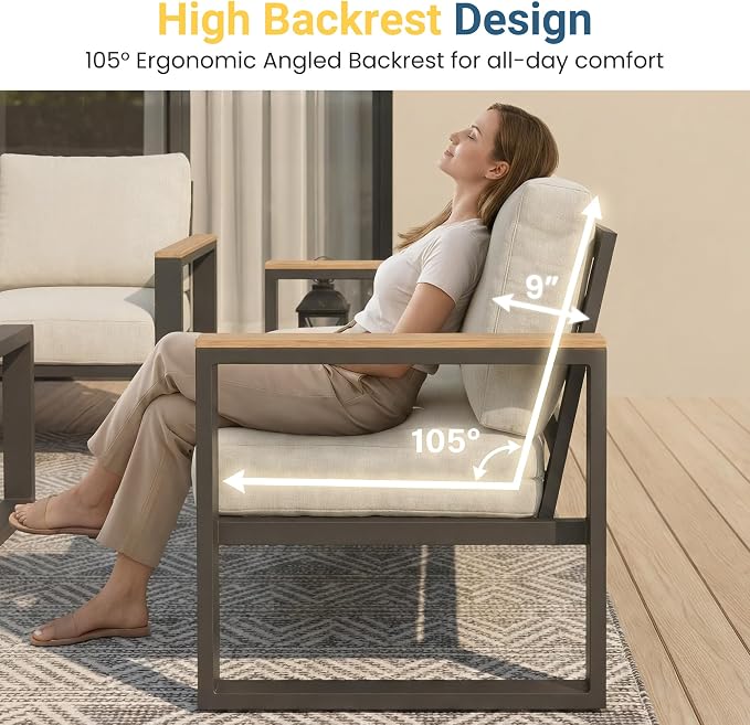 RoyalCraft Aluminum Outdoor Patio Furniture Set with Height-Adjustable Footrest, 3-Seats All-Weather Patio Sofa Sets with Coffee Table for Porch Backyard Garden Patio, Beige