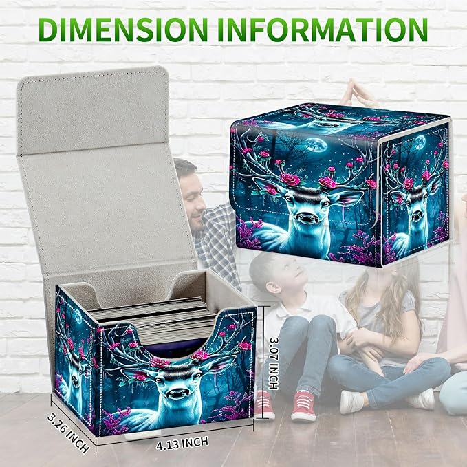 Card Deck Box for MTG, Cards Storage Box Fits 120+ Sleeved, Leather Small Size Strong Magnetic Closing Card Case for Board Games Magic TCG CCG Baseball Collection, Forest Flowers Deer