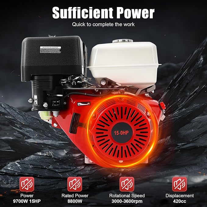 420CC 15Hp Gasoline Engine, 9700W Mini Bike Engine Pull Start Air Cooling Go Kart Motor 4-Stroke Small Gas Engine 3000-3600Rpm for Water Pumps, Vibrators, Generators with 1.72 Gallons Fuel Tank