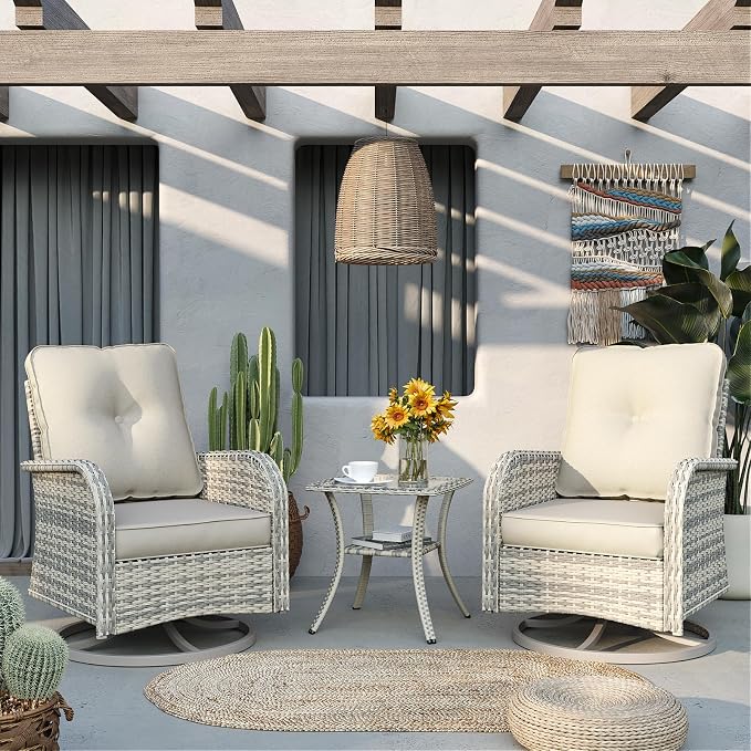 Patio Rocking Swivel Chair Outdoor Wicker Rattan Bistro Set with Tempered Glass Side Table, Outdoor Patio Furniture Set for Garden, Deck, and Balcony, White