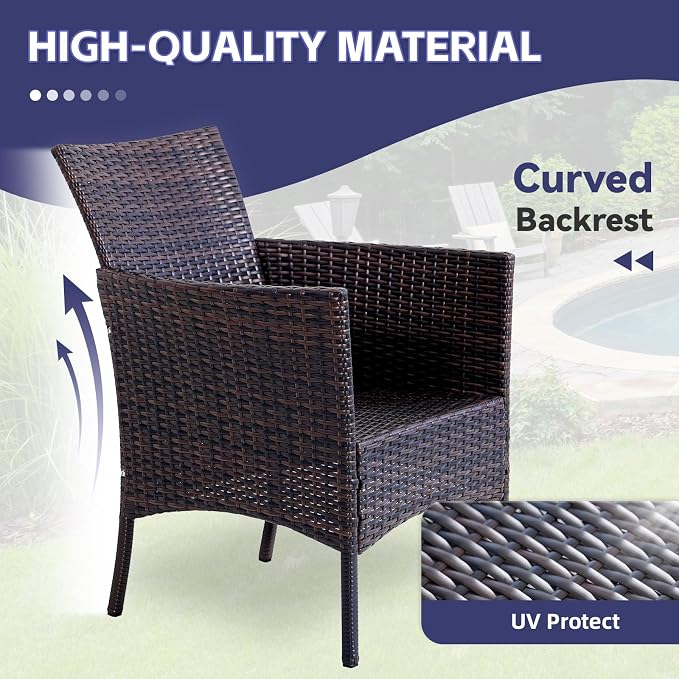 3 Pieces Patio Furniture Sets Outdoor PE Rattan Small Patio Furniture Set with Soft Cushion and Glass Coffee Table with Storage for Garden Backyard Porch Weather-Resistant (Brown/Beige-1)