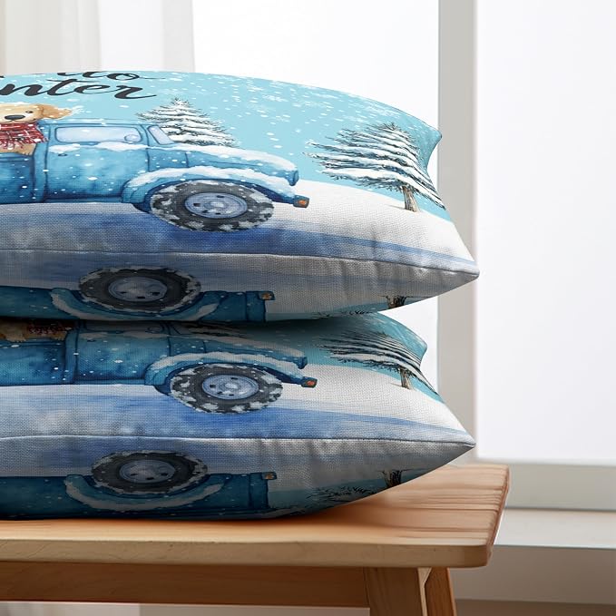 Set of 2 Blue Truck with Snowman Puppy Dog Rectangle Pillowcase Hello Winter Lumbar Pillow Covers 12x20 Snowflakes Snowman Waist Cushion Case for Living Room Bedroom Couch Sofa