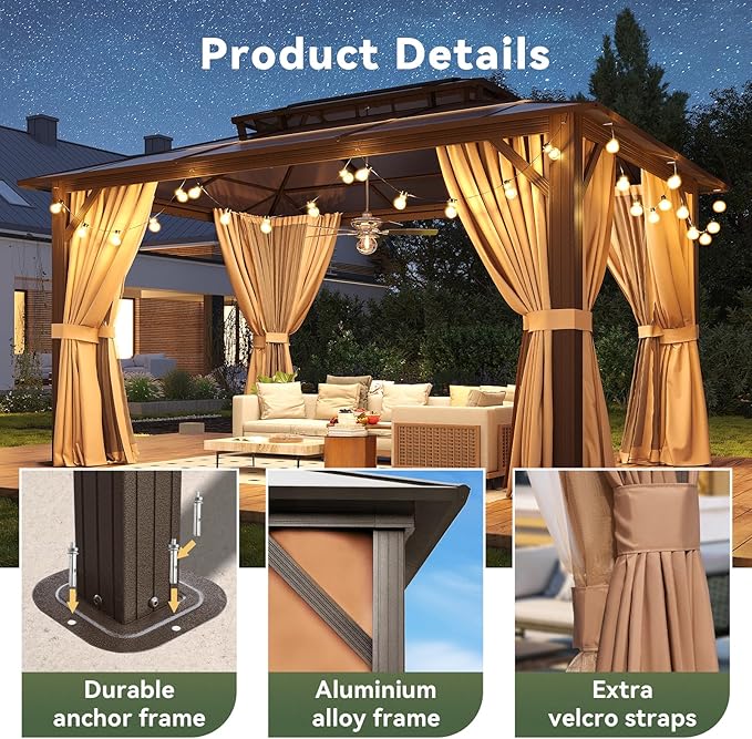 10’x14’ Hardtop Gazebo with Double Polycarbonate Roof Outdoor Metal Gazebo Sturdy Aluminum Frame & Removable Curtains, Netting Permanent Pavilion Pergola for Garden,Patio,Lawn (Brown)