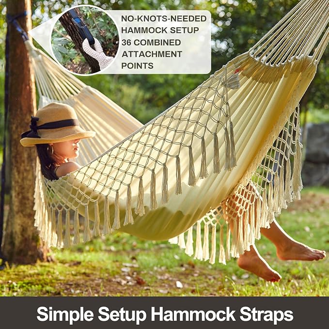 CHULIM Brazilian Double Hammock with Tree Straps,Extra Large 94x63IN,2 Persons Hammock for Backyard Patio Outdoor Indoor,450lbs Weight Capacity,Soft Woven Cotton Fabric - Natrual White with Tassels