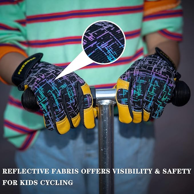 Kids Genuine Leather Work Gloves Age 2-12, Touchscreen, Reflective | Sheepskin Leather, Velcro Design, Breathable, Touch Screen, Garden Work, Safety Gloves for Children, Boys, Girls, Toddlers
