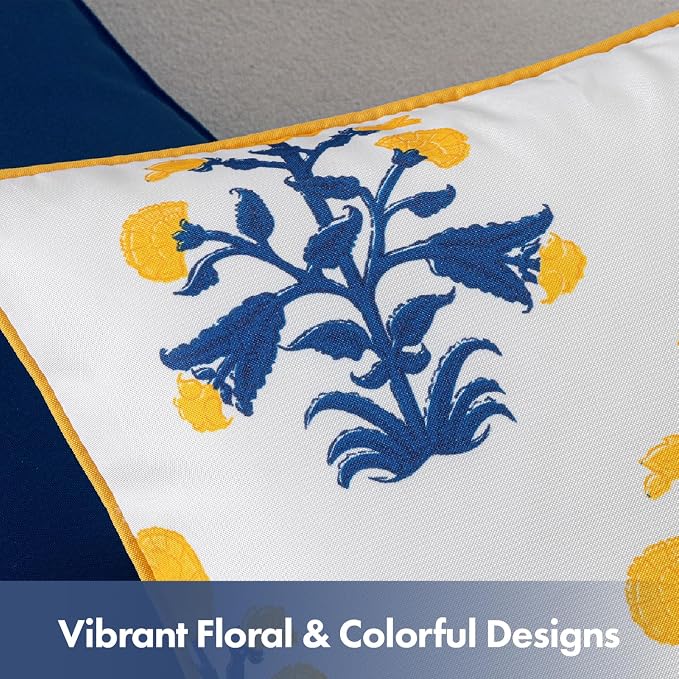 MIULEE Floral Outdoor Pillows Covers with Inserts 18x18 Blue and Yellow | Set of 2 Waterproof Decorative Throw Pillows with Piping,Vintage Fade Resistant, Patio Furniture Summer Garden Couch Sofa