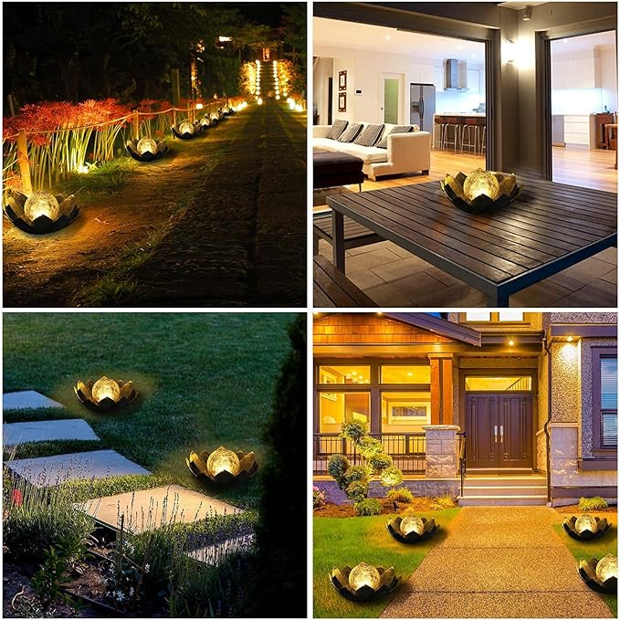 Huaxu Solar Lights Outdoor Garden, Crackle Globe Glass Lotus Decor, Waterproof LED Metal Flower Decorations for Patio,Lawn,Walkway,Tabletop,Ground