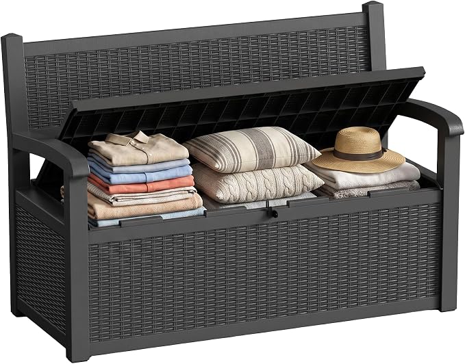 80 Gallon Storage Bench Deck Box Resin Patio Furniture with Armrest, Waterproof and UV Resistant Lockable for Patio Furniture, Garden Decor and Outdoor Seating for Cushions, Garden Tools,Black