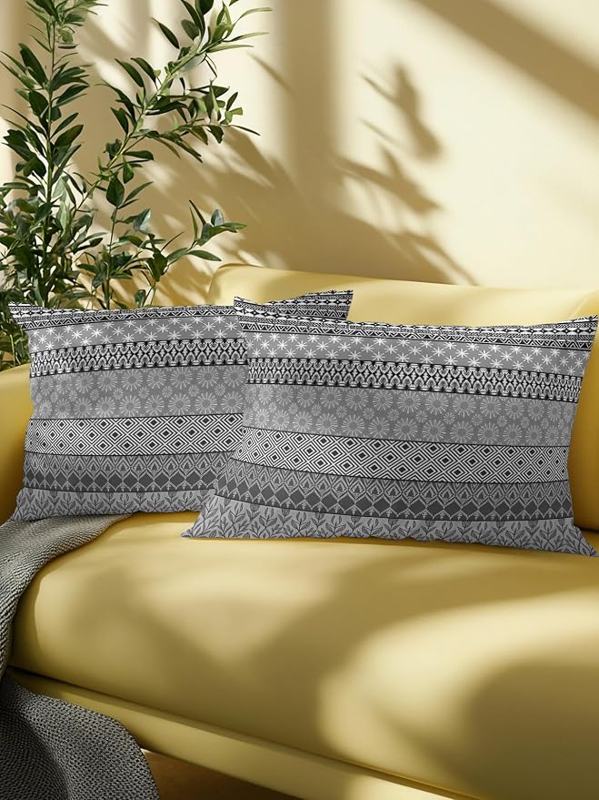 Waterproof Outdoor Pillow 1 Pack Grey Bohemian Decorative Throw Pillows Cover & Insert 20x12 Inch Lumbar Pillowcase Boho Style Floral Leaves Geometric Pillows for Couch Sofa Bed Patio Furniture
