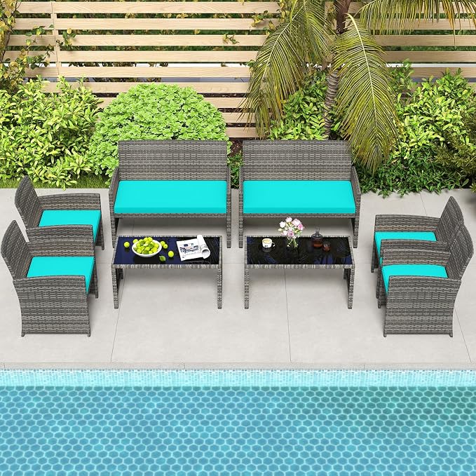HAPPYGRILL 8 Piece Rattan Wicker Patio Conversation Set, Outdoor Furniture with Chair Loveseat Table & Cushion, for Backyard Porch Balcony (2, Turquoise)