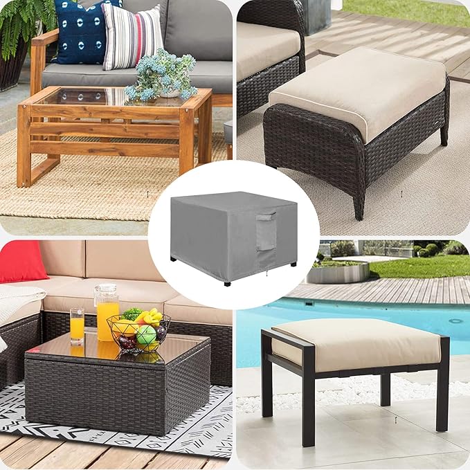 OutdoorLines Outdoor Waterproof Patio Ottoman Covers - Square UV-Proof Patio Side Table Cover Windproof Heavy-Duty Furniture Covering Protector 28L x 28W x 17H Inch, Grey