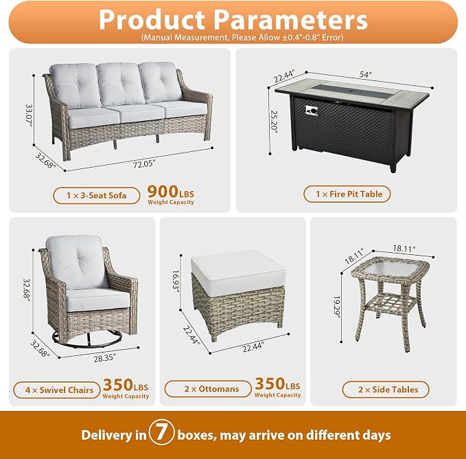 10 PCS Outdoor Patio Furniture Sets, Patio Conversation Sets Outside Rattan Soft Cushion Sofa with 4 Wicker Rocking Chairs & 54 in Fire Pit Table Fit Backyard Porch Garden Poolside Balcony,Light Grey