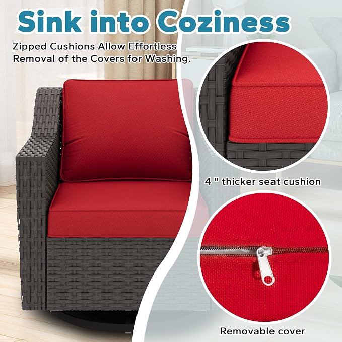 11 Pieces Patio Conversation Furniture Set - 1 Sofa, 2 Ottoman, 2 Armchairs, 4 Swivel Chairs, 2 Side Tables, Outdoor Wicker Furniture with Removable Cushions for Porch, Sunroom (Red)