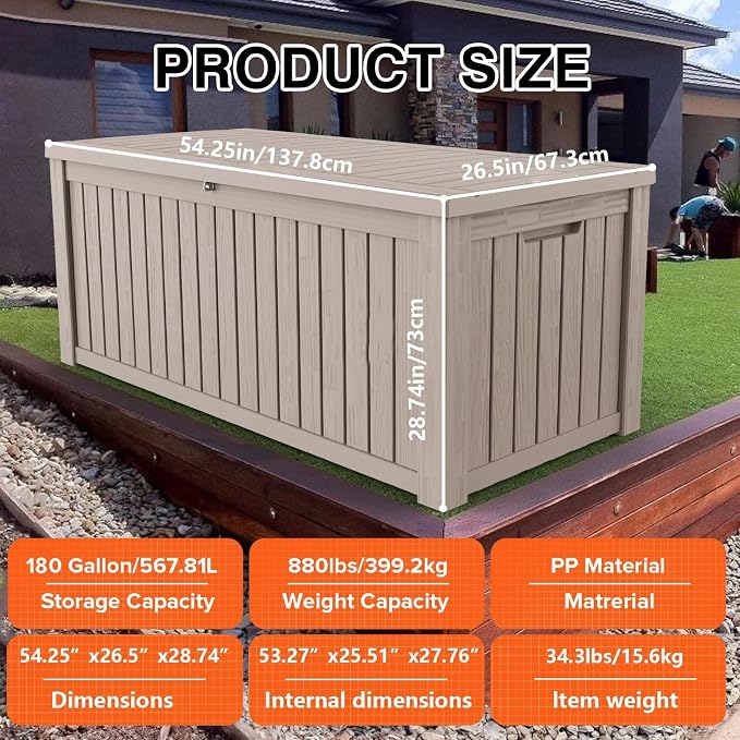 Outdoor Storage Box 180GAL Waterproof Resin Deck Box,UV-Resistant Lockable Package Delivery Bin for Garden Tools,Large Patio Outside Cushions,Pool Accessories Supplies,Chest,Light Coffee