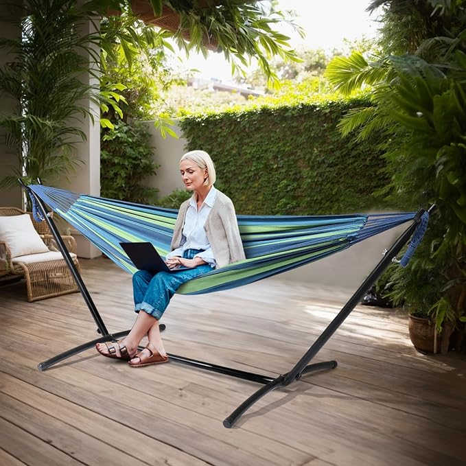 ONCLOUD 550 LBS Capacity Double Hammock with Stand Included with Portable Carrying Bag, Heavy Duty 2-Person Hammock for Outdoors & Indoors - Desert Stripe, Series TDCTZ1 - Blue Green Stripe