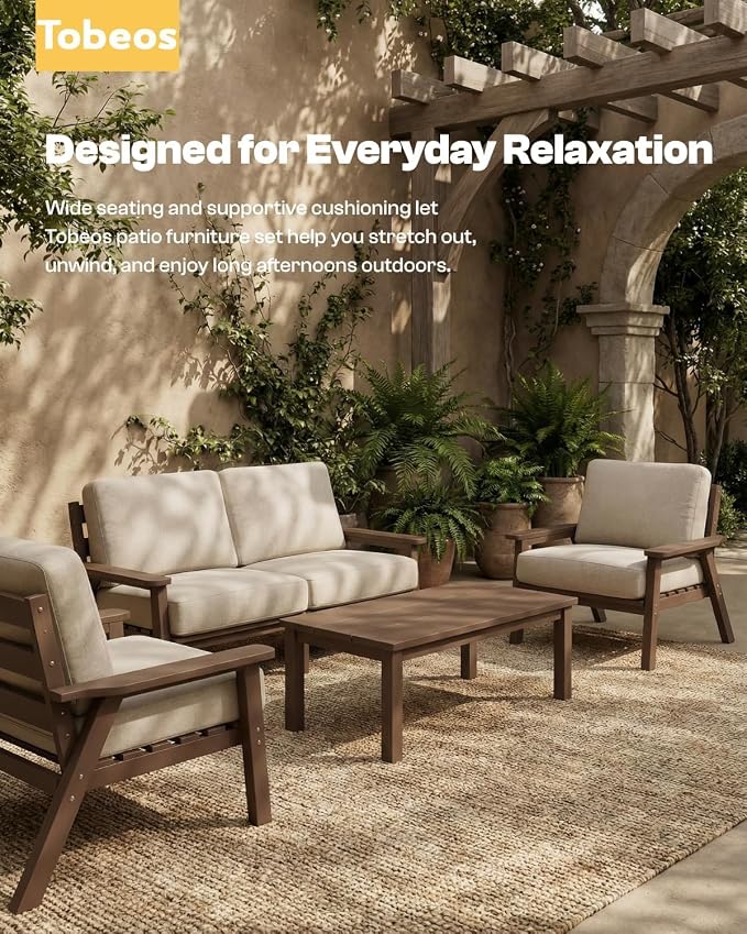 HDPE Patio Furniture Set 8 Seats, Outdoor Couch with Washable Thick Beige Cushions & Side Table, Outdoor Sectional Furniture for Backyard, Deck, Lawn, Porch (Brown Frame)