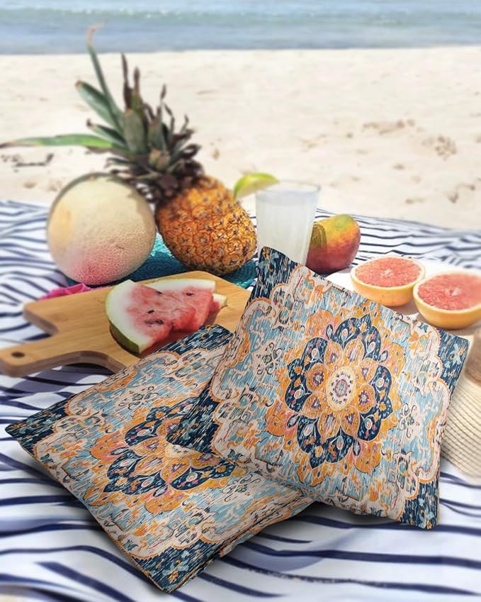 Outdoor Waterproof Pillow Covers Set of 2, Meddle Century Vintage Blue Carpet Mural Pattern Patio Throw Pillow Covers, Decorative Cushion Case for Couch Sofa Furniture Garden, 20x20 Inch