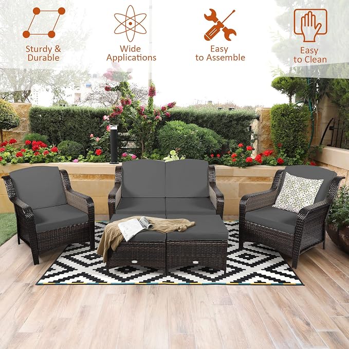 COSTWAY 5PCS Patio Wicker Rattan Furniture Set, Loveseat Sofa with Ottomans and Cushioned Chairs, Conversation Sets for Outdoor Garden Backyard