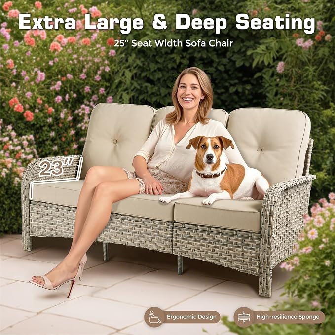 4-Piece Outdoor Patio Furniture Set,All Weather Wicker Rattan Patio Seating Sofa and Chair Set with Glowing Coffee Table,Outdoor Conversation Sets with 3 Seater Couch for Porch Deck Yard,Beige