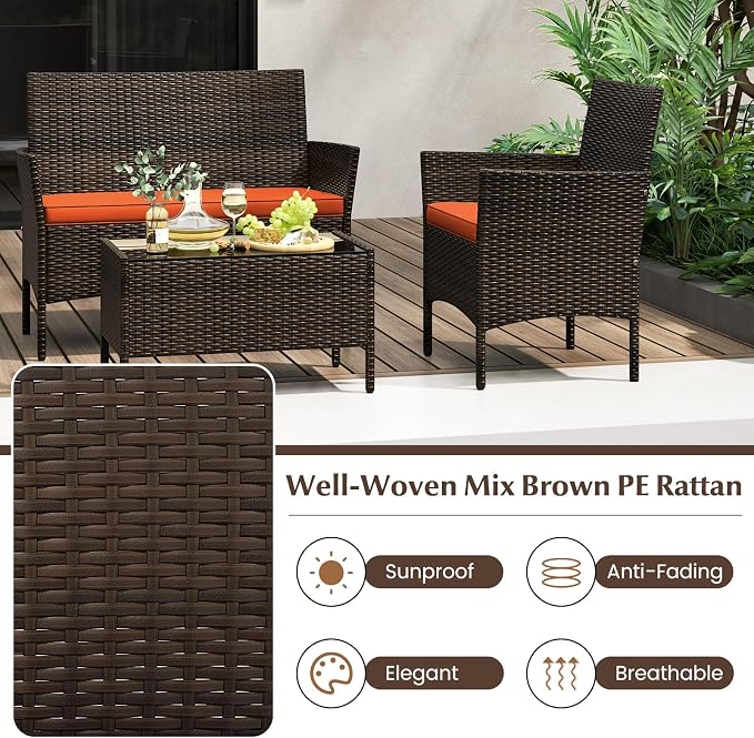 KOTEK 8 Piece Patio Furniture Set, Outdoor Rattan Conversation Set with Loveseat, Wicker Chairs, Tempered Glass Coffee Table, Wicker Patio Set for Backyard, Porch (Orange)