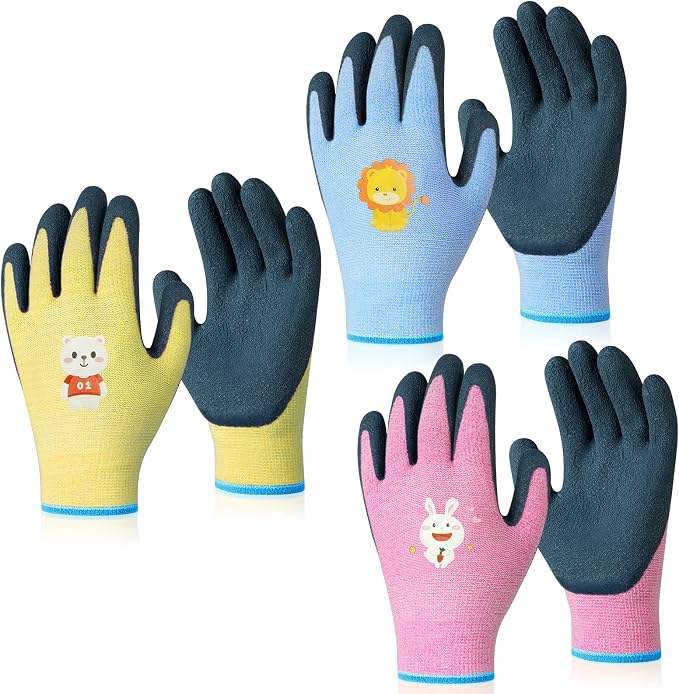 Ainiv 3 Pairs Kids Gardening Gloves Thorn Proof | Soft Rubber Coated Kids Work Gloves with Grippy Gardening Gift