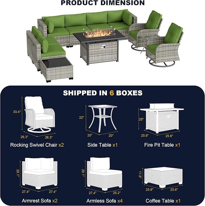 11-Piece Outdoor Patio Furniture Set with Rocking Swivel Chair, Wicker Rattan Sectional Sofa Conversation Set with 55,000 BTU Fire Pit Table, Backyard Furniture, Avocado Green