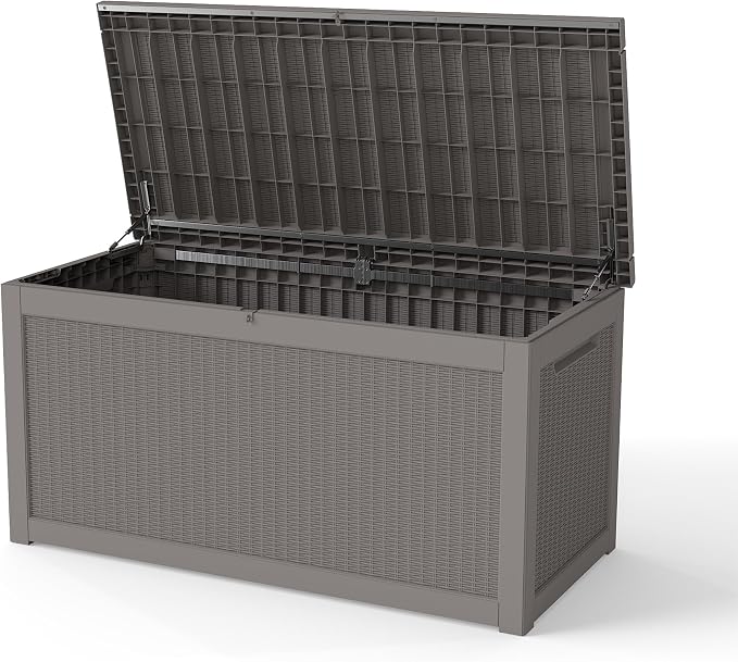 LAUSAINT HOME 280 Gallon Colossal Resin Deck Box with Hydraulic Pistons - Grand Estate Size Waterproof Outdoor Storage Bench, Lockable Patio Furniture Locker for Pool and Backyard (Light Brown)