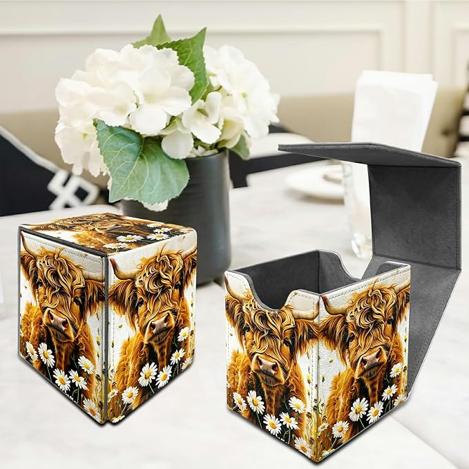 Deck Box for MTG, Cards Storage Box Fits 120+ Sleeved, Leather Medium Size Strong Magnetic Closing Card Case for Board Games Magic TCG CCG Baseball Collection, Flower Yellow Cow