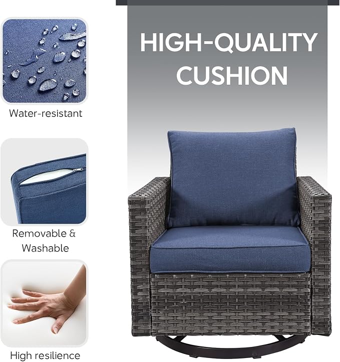 6 Piece Wicker Patio Furniture Set - Outdoor Swivel Rocker Chairs Set with Side Table, 3 Seat Sofa and Ottomans, Small Patio Conversation Sets Proch Furniture for Balcony Deck - Grey/Blue