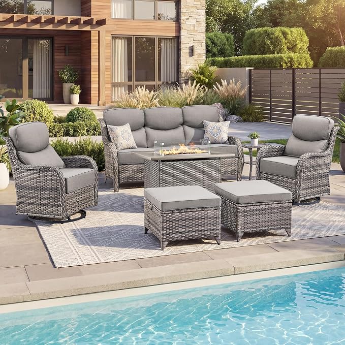 Luxury Patio Furniture Set with 6-inch Thick Cushion, Outdoor Furniture with Fire Pit Table, Swivel Chairs, Sofa, Side Table, Ottomans, 7pcs Wicker Conversation Set (Grey Wicker/Grey Cushion)