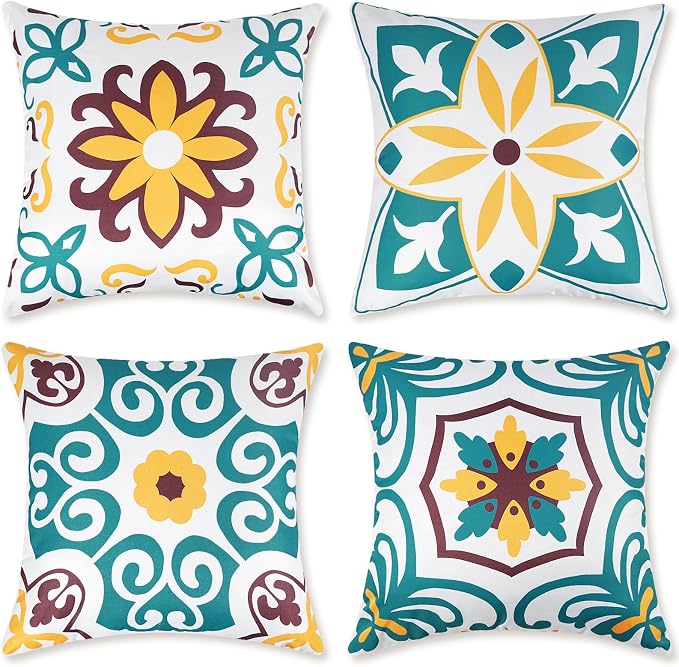 Pyonic Turquoise Outdoor Pillow Covers 18x18 inch Set of 4 | Morocco Vintage Floral Boho Pillow Covers Water Resist Outdoor Pillows for Patio Furniture Garden Yard