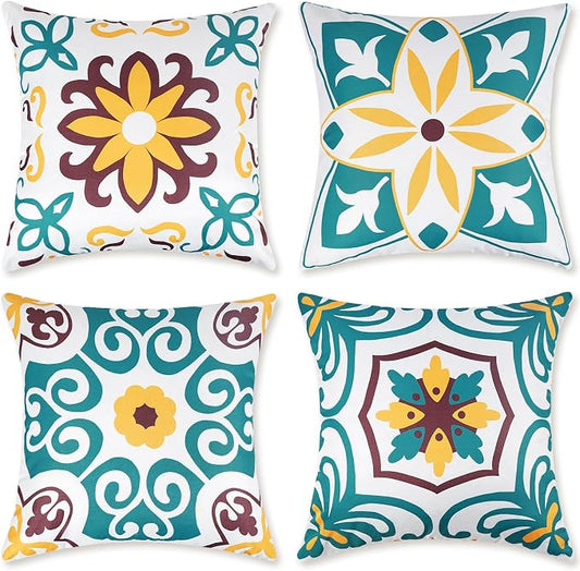 Pyonic Turquoise Outdoor Pillow Covers 18x18 inch Set of 4 | Morocco Vintage Floral Boho Pillow Covers Water Resist Outdoor Pillows for Patio Furniture Garden Yard