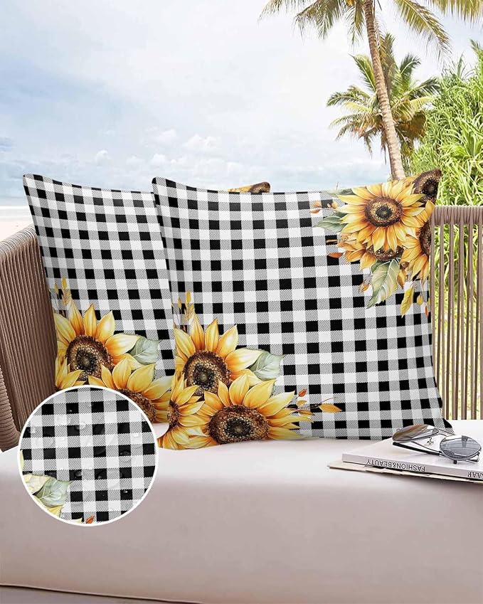 Sunflower Outdoor Waterproof Throw Pillow Covers 26"x26" Set of 2, Buffalo Check Plaid Sunflower Decorative Garden Pillowcase with Zipper Retro Farmhouse Cushion Case for Patio Couch Tent
