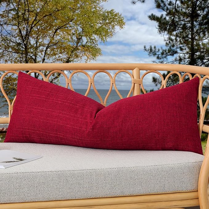 Kevin Textile Outdoor Waterproof 14”x36” Lumbar Pillow Cover 1 Pack, Red | Water Resistant, Soft Faux Linen-cotton Yarn-dyed Woven Texture Throw Pillow Covers for Tent Patio Garden Couch Sofa