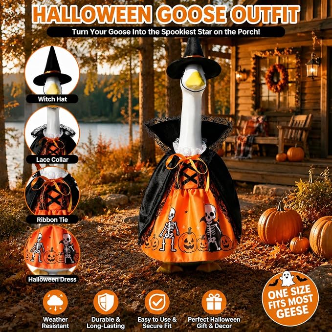 STONESTAR Halloween Porch Goose Outfits for 23'' Lawn Geese Statue Goose Costume with Pumpkin Dress Witch Hat Lace-Trim Cape, Outdoor Garden Goose Decor for Patio Yard Lawn Art Halloween Ornament