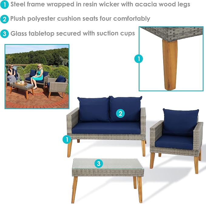 Sunnydaze Patio Furniture Set – 4 Piece Outdoor Conversation Set with Removable Cushions, Wicker Rattan Outdoor Loveseat and Chair Set for Backyard and Patio – Navy Blue