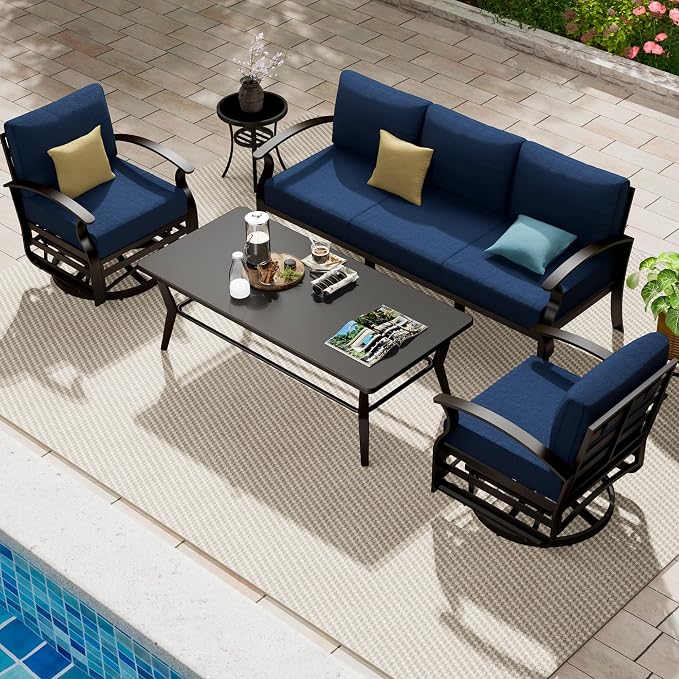 Aluminum Patio Furniture Set with Coffee Table,5 Seats Metal Modern Outdoor Furniture Set w/5.1" Thick Cushions,Patio Sectional w/Swivel Chairs for Backyard,Patio,Navy