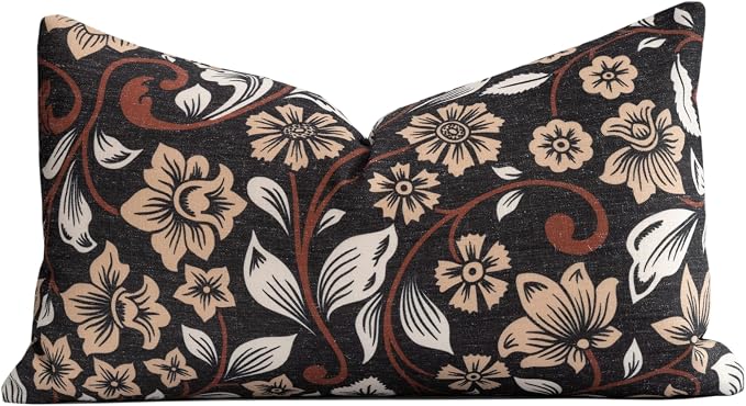 Modern Farmhouse Fall Linen Indoor Outdoor Lumbar Pillow Cover Only, 12"x20" Water Repellent for Patio, Backyard, Couch, Black Ivory Cream Floral